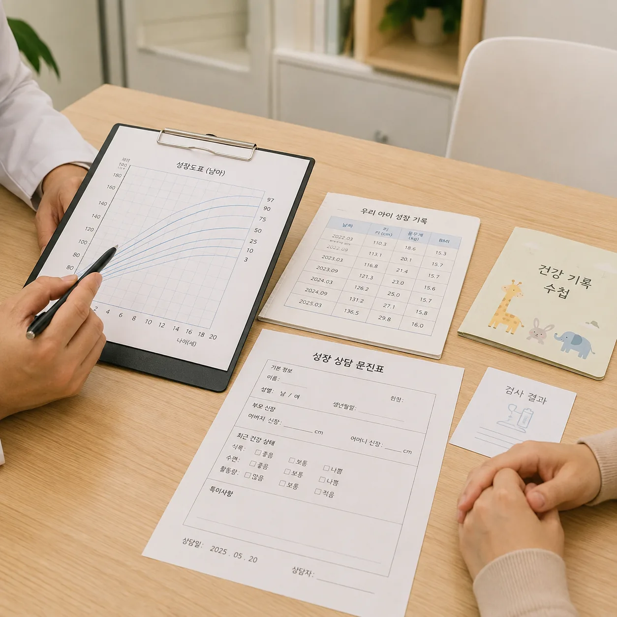 성장 기록과 성장도표를 함께 살펴보는 상담 자료