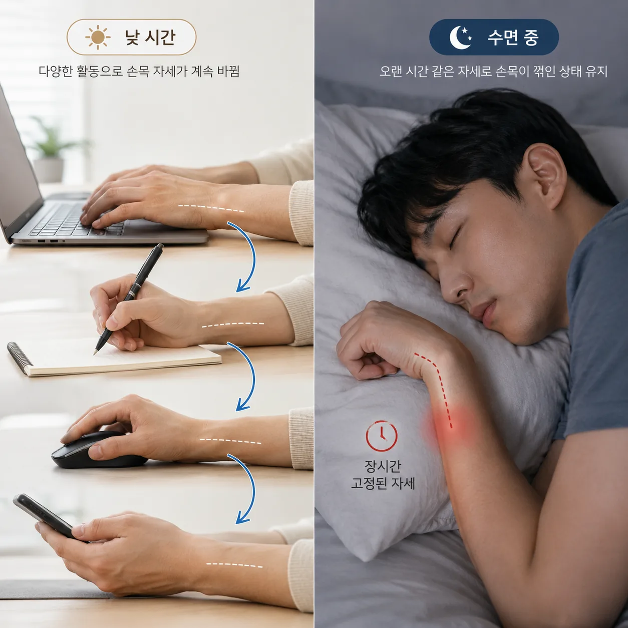 낮과 수면 중 손목 자세 차이를 비교한 도해