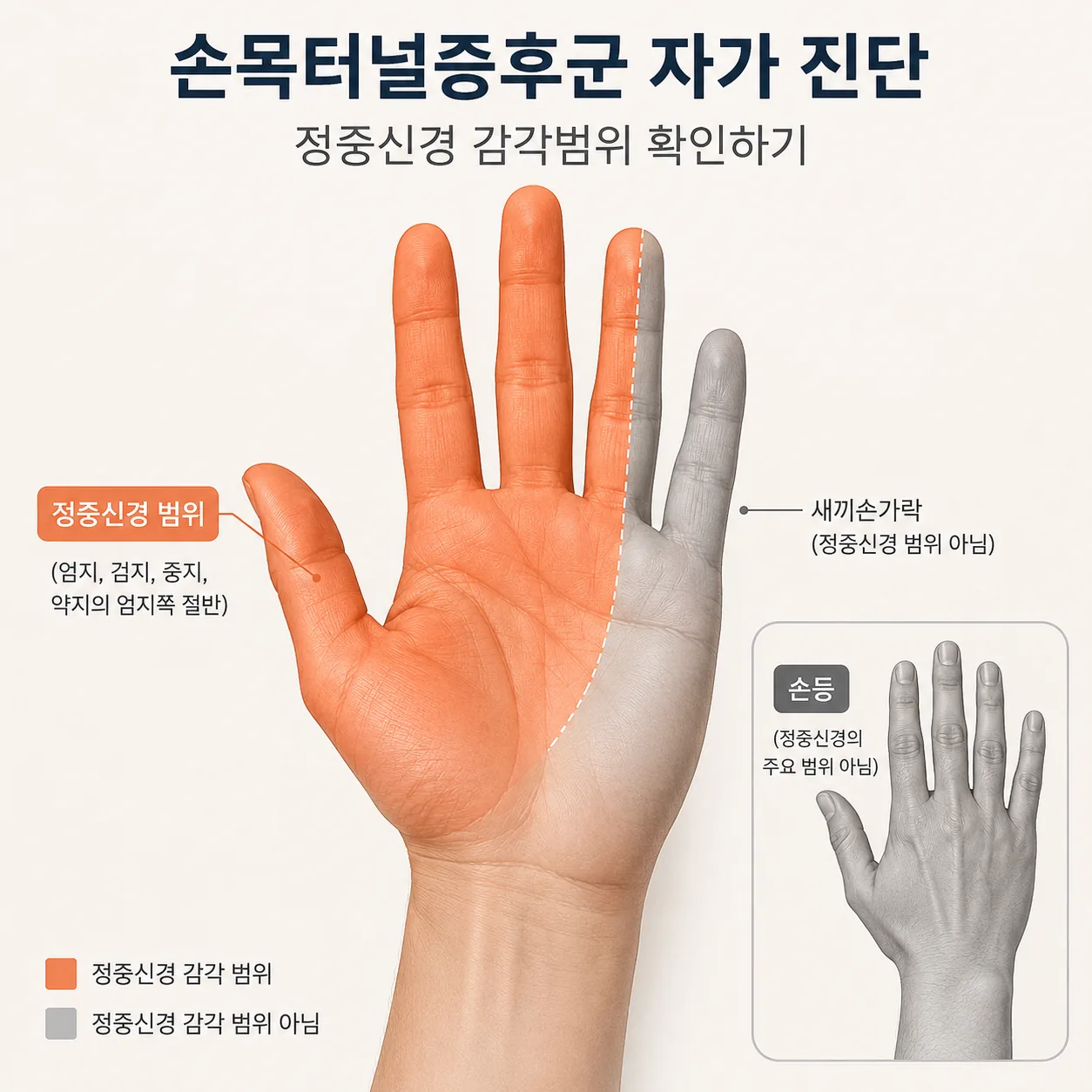 정중신경이 담당하는 손가락 범위 표시 도해