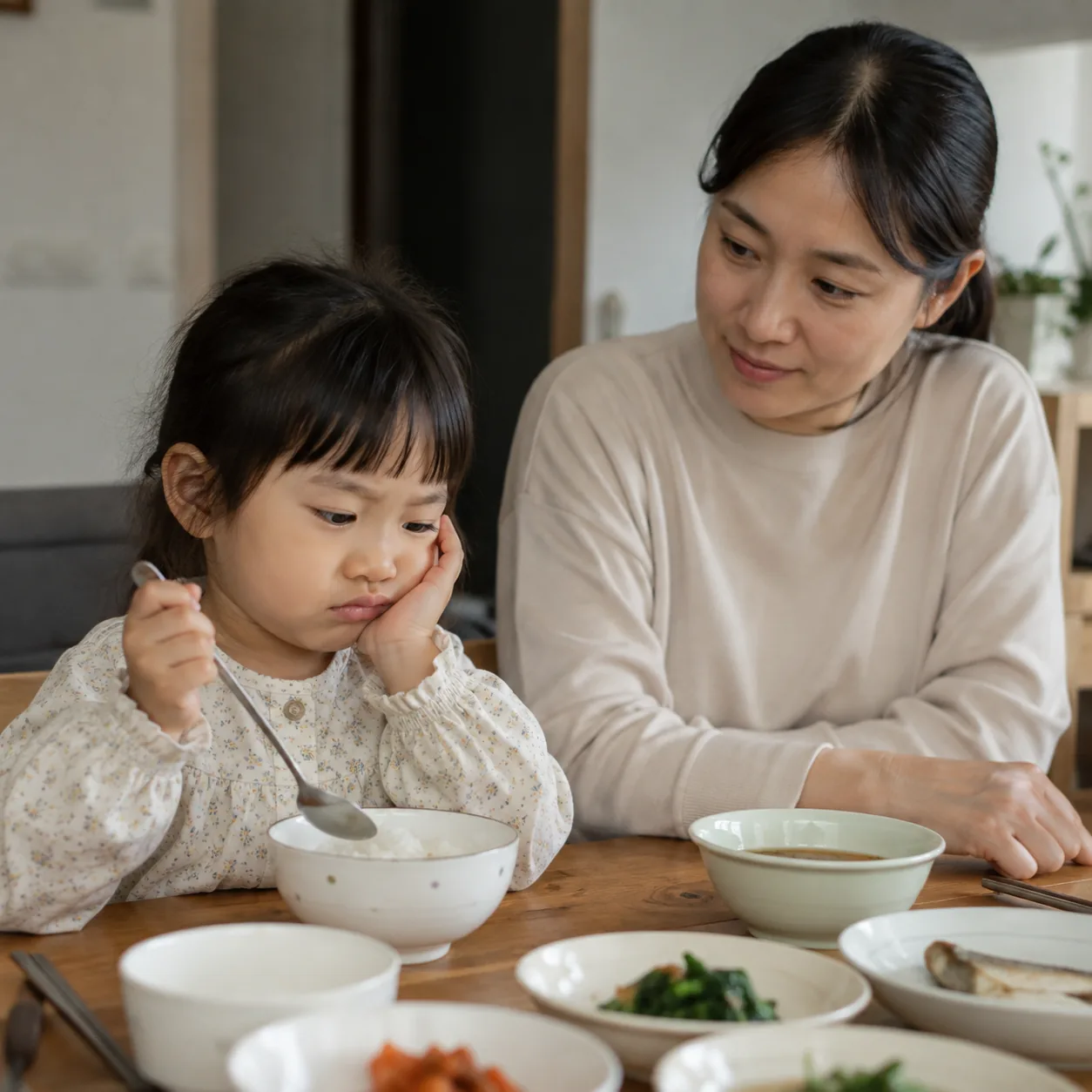 밥을 안 먹는 아이와 보호자의 저녁 식탁 장면