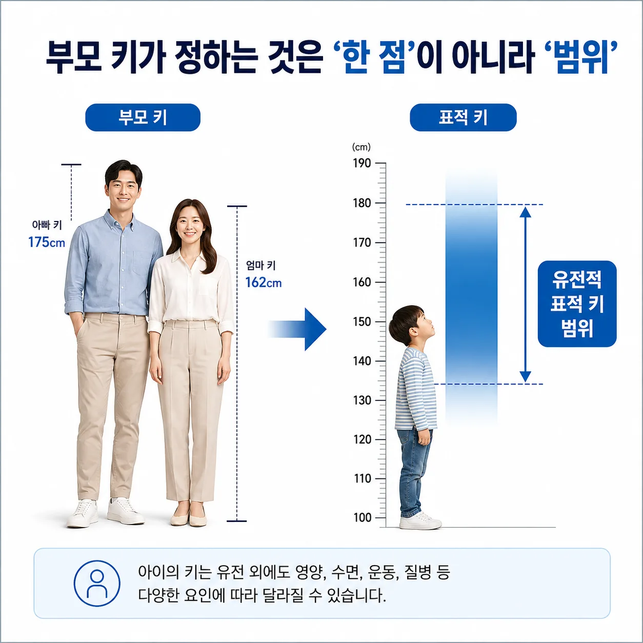 부모 키로 계산한 유전적 표적 키가 점이 아니라 범위로 쓰인다는 것을 보여 주는 도해
