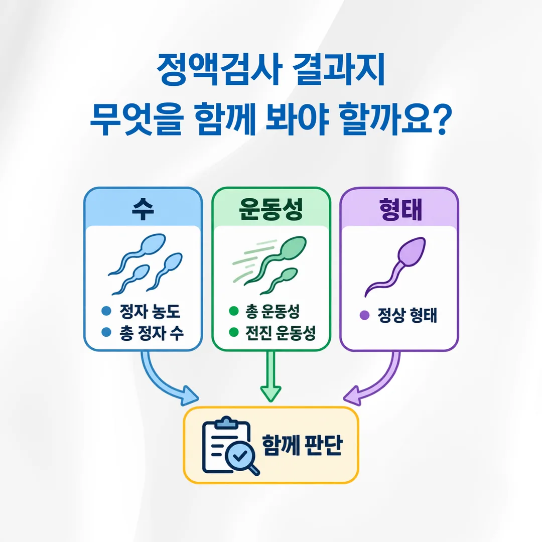 정액검사 결과지의 정자 농도와 총 정자 수, 총 운동성과 전진 운동성, 정상 형태 세 묶음을 함께 읽는 순서를 정리한 개념도