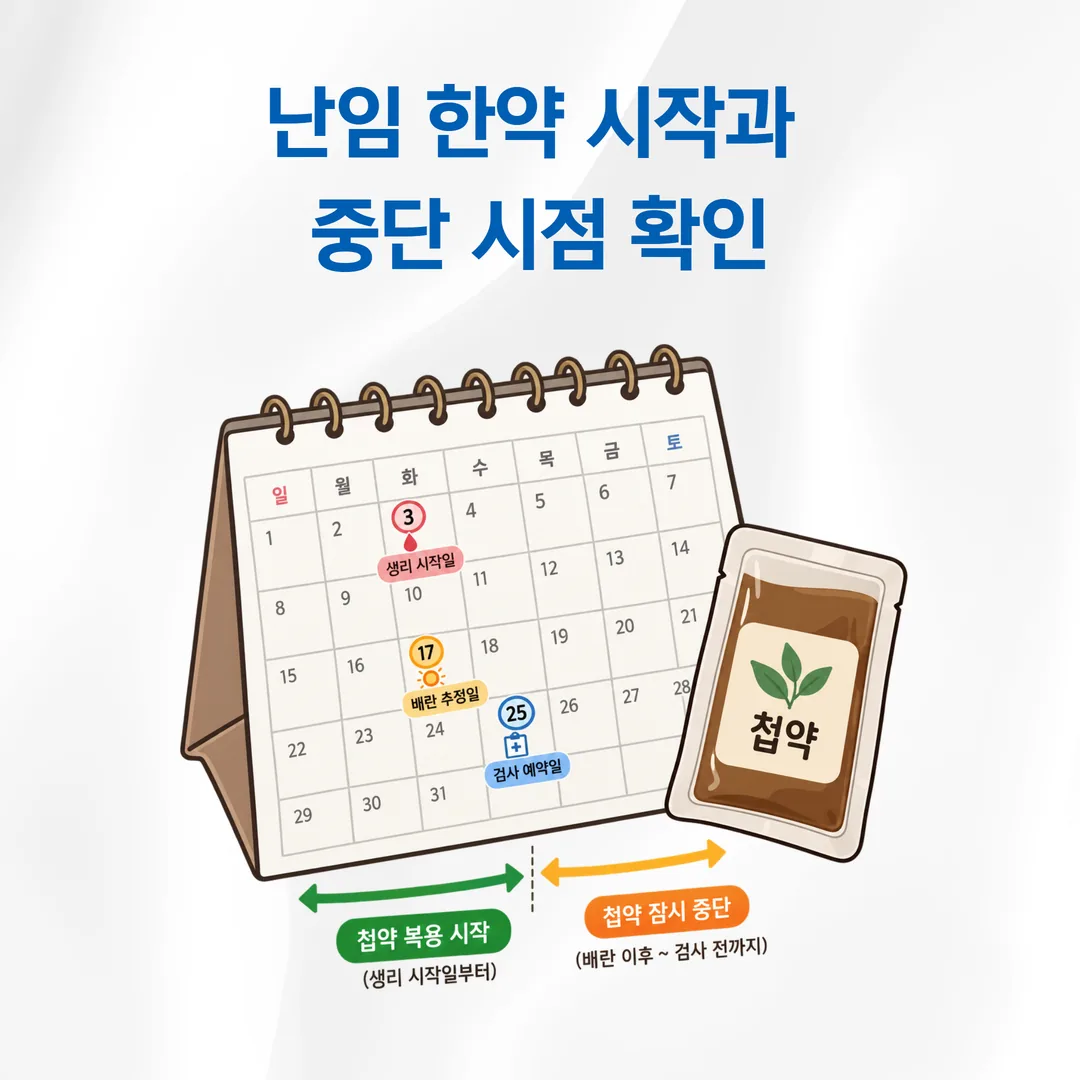 난임 한약을 시작할 달과 쉴 시점을 달력에 표시한 개념 이미지